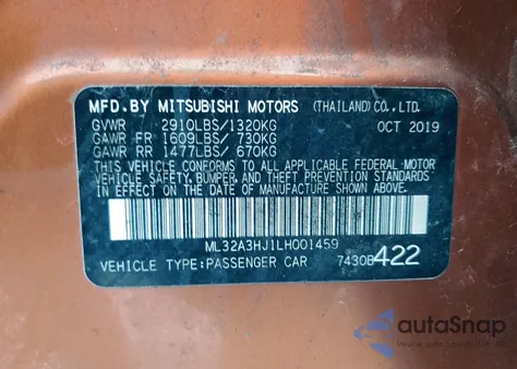 2020 Mitsubishi Mirage Es z USA, uszkodzony, nr VIN ML32A3HJ1LH001459